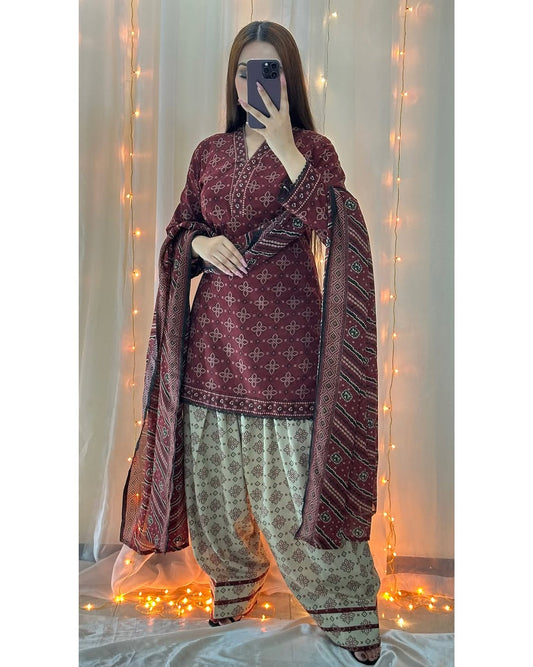 Ajrak Mehroon (Farshi Shlwar) Digital 3 PCs royal lifestyle collections