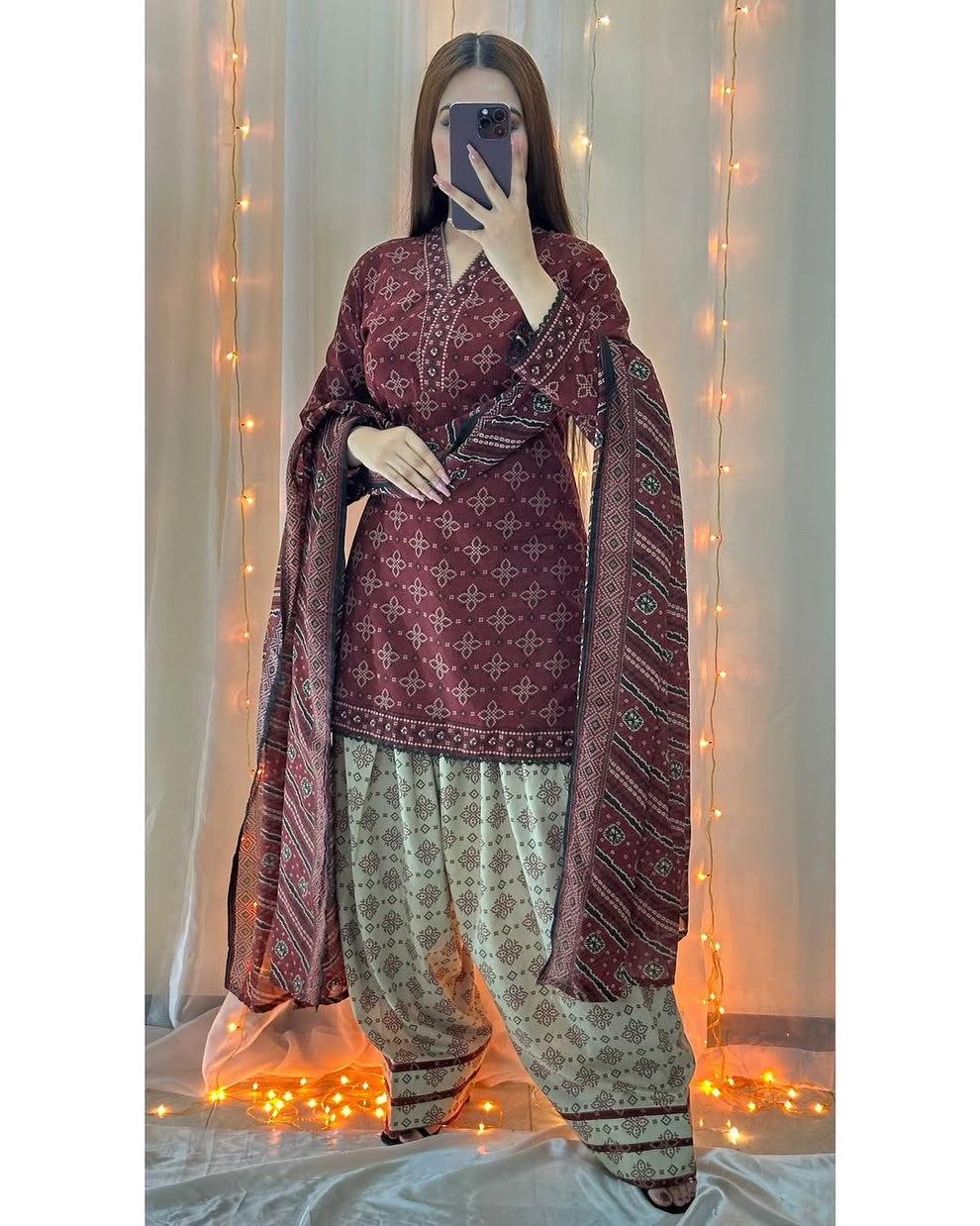 Ajrak Mehroon (Farshi Shlwar) Digital 3 PCs royal lifestyle collections