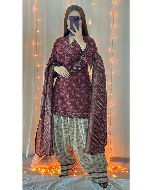 Ajrak Mehroon (Farshi Shlwar) Digital 3 PCs royal lifestyle collections