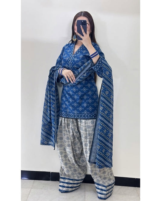 Ajrak Blue (Farshi Shlwar) Digital 3 PCs royal lifestyle collections